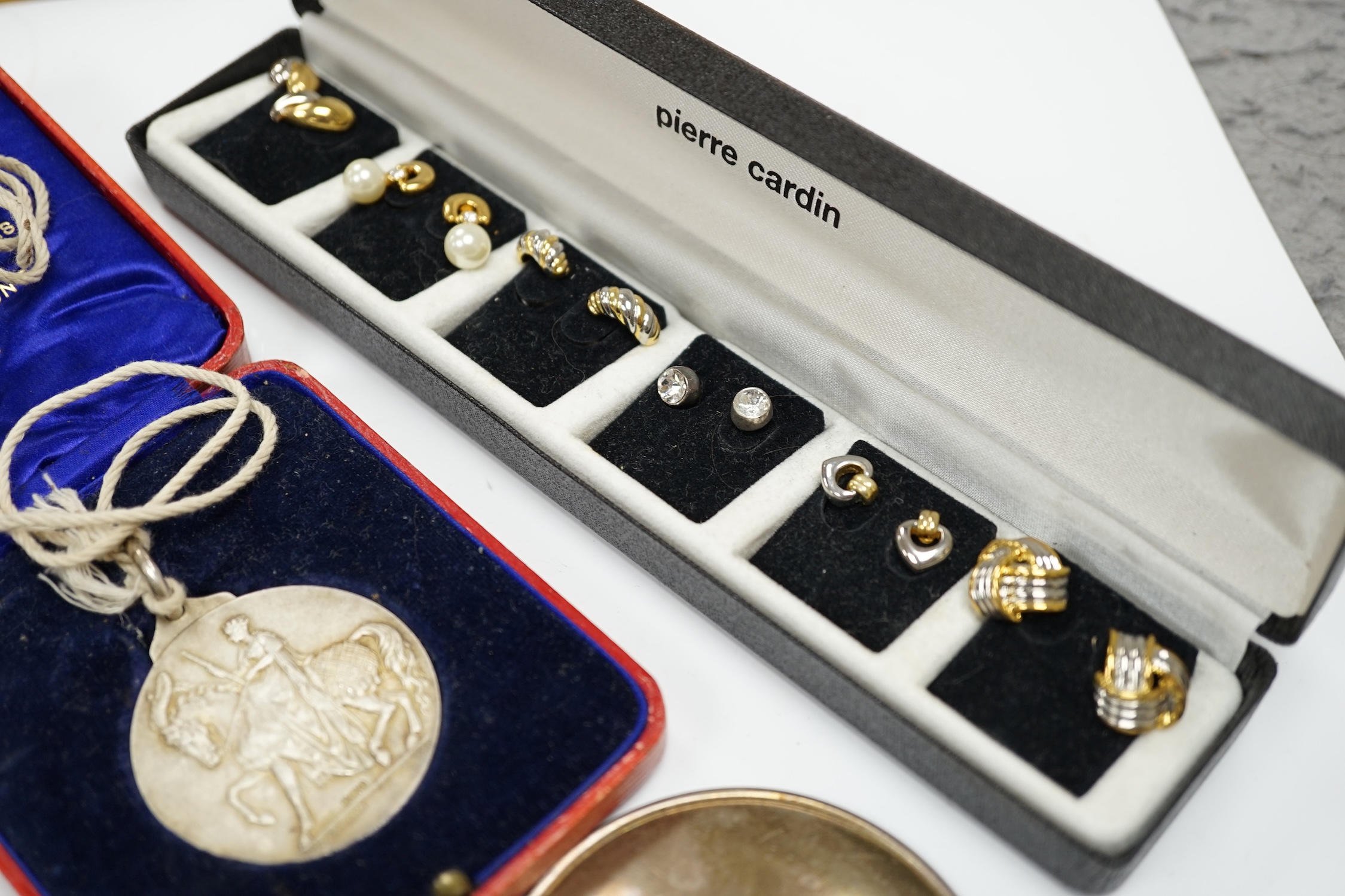 A late Victorian silver oval locket on a white metal chain and other jewellery etc., including three rings, a pocket watch and two modern silver brooches by Clive Edward Burr, largest 75mm. Condition - varies, poor to fa